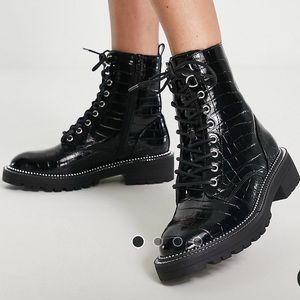 ASOS river island croc effect lace up boot in black, size 8